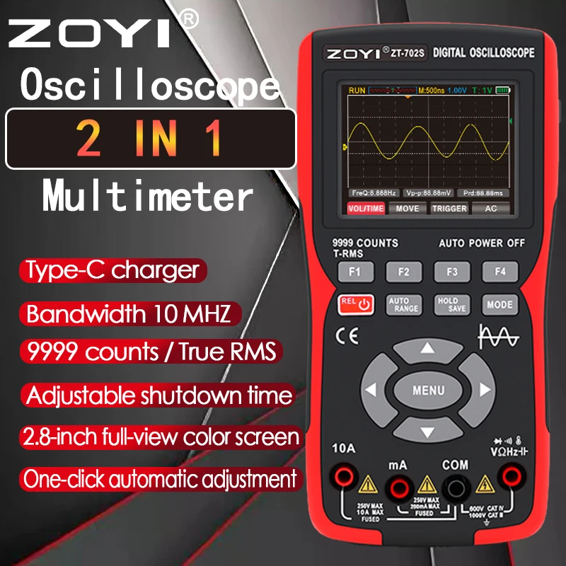 ZOYI ZT-702S 2 in 1 Handheld Digital Automotive Oscilloscope Multimeter, Single Channel 10MHZ Bandwidth,64Kbyte Record Length,48 5