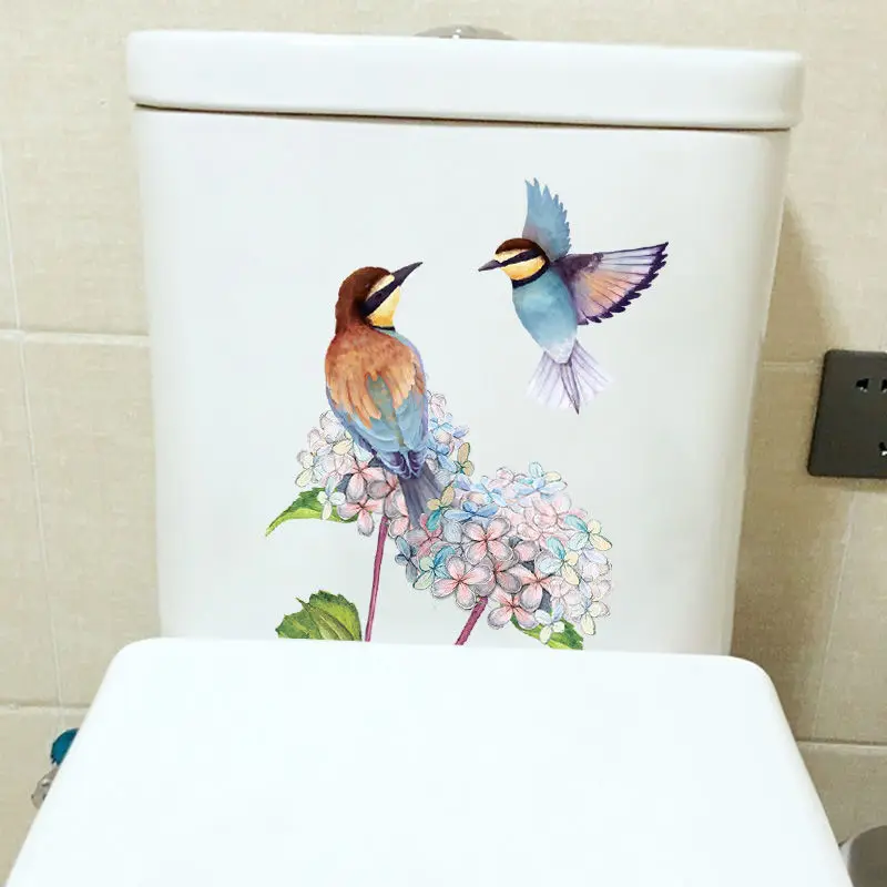 Hand-Painted Pink Flowers And Birds on Branches Toilet Bathroom Toilet Cover Sticker Wall Stickers Wc Home Decoration S218