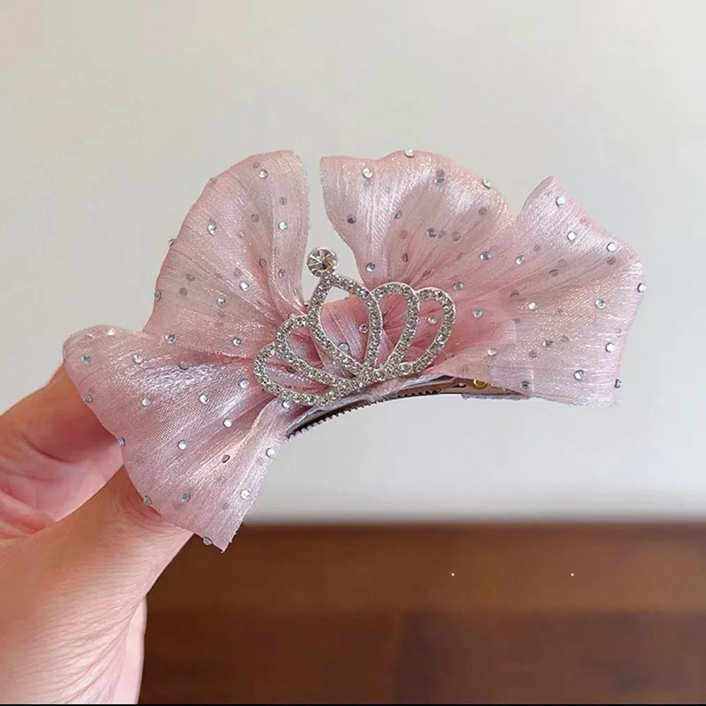 달콤한 소녀 헤어 클립 Organza 활 머리핀 어린이 헤어핀 지르콘 크라운 머리 장식 어린이 공주  헤어 액세서리
