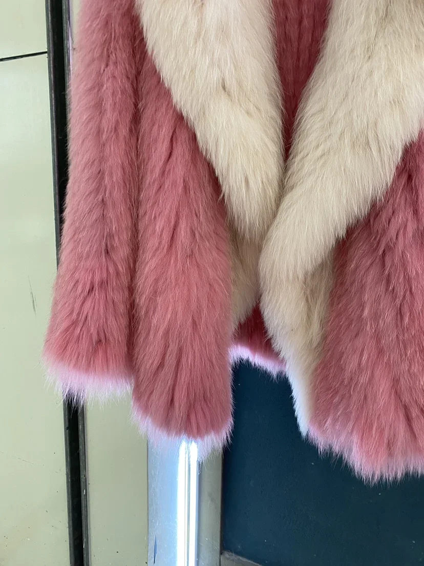 Fox Hair Double-sided Woven Lapel Fluffy Fur Coat Wooden Contrast Color Medium Long Loose 2023 Autumn Winter Jackets for Women