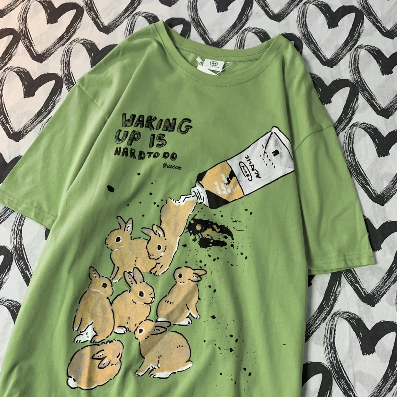 Amerikanisches Retro-Kaninchen-Druck-Kurzarm-T-Shirt für Damen und Herren im Harajuku-Lazy-Style, reine Baumwolle, vielseitiges Rundhals-T-Shirt – Detail 5
