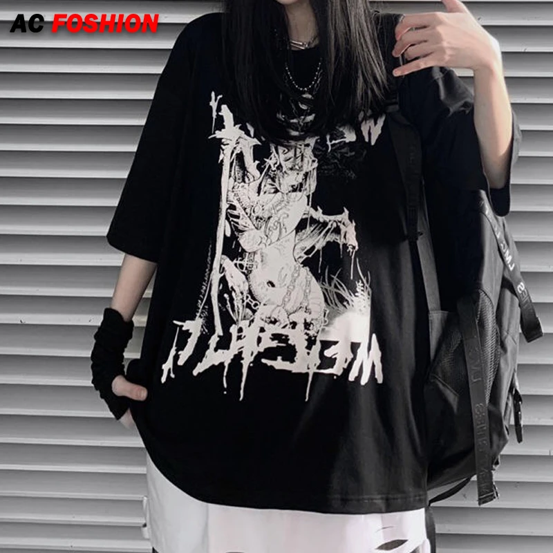 Camiseta gótica de Anime Emo para mujer, de gran tamaño, Punk Emo Harajuku, ropa de estética oscura de hada Grunge de talla grande| - AliExpress