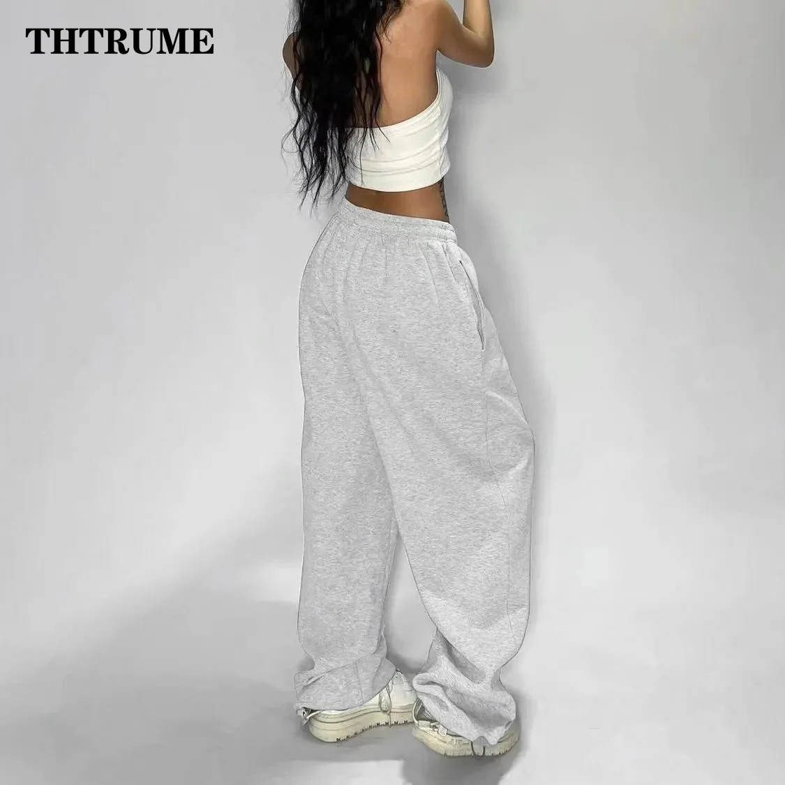 Casual Women Solid New Pant Fashion Summer Oversized Vintage Pocket Drawstring Wide Leg Pants Elegant Loose Baggy Chic Trousers 4