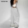 Casual Women Solid New Pant Fashion Summer Oversized Vintage Pocket Drawstring Wide Leg Pants Elegant Loose Baggy Chic Trousers 4