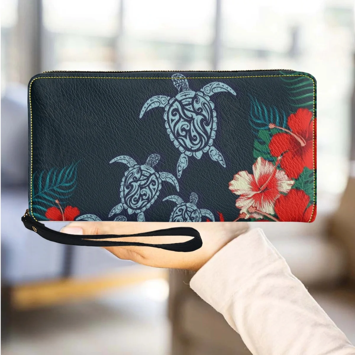 

Turtle Hibiscus Flower Printed Coin Purse Polynesian Wristband PU Leather Commuter Business Card Holder Travel Wallet Female