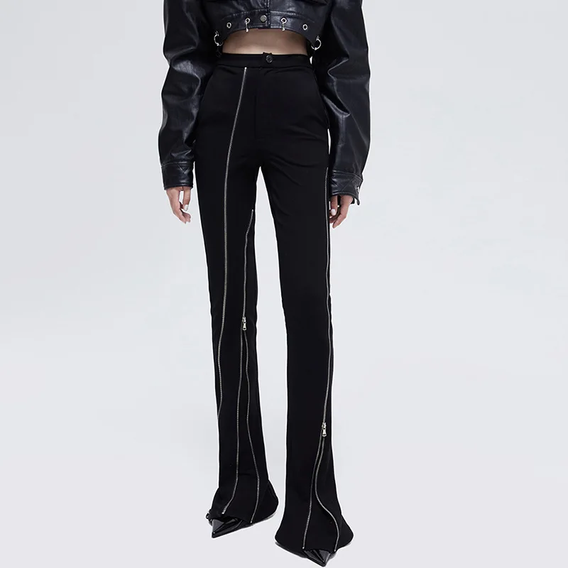 

Women Spring and Autumn Black Punk Metal Zipper Pants Skinny Tight Elastic Trousters Casual Wide Leg Pants For Female