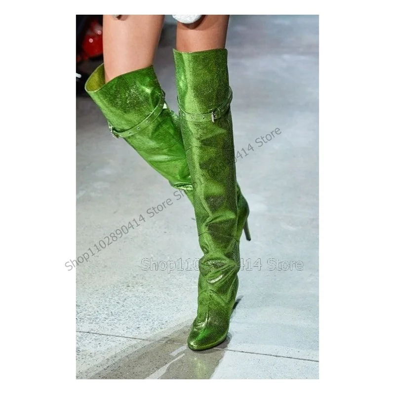 

Green Belt Fastener Decor Giltter Pointy Toe Boots Thigh High Women Shoes Thin High Heels Novel Fashion 2023 Zapatos Para Mujere