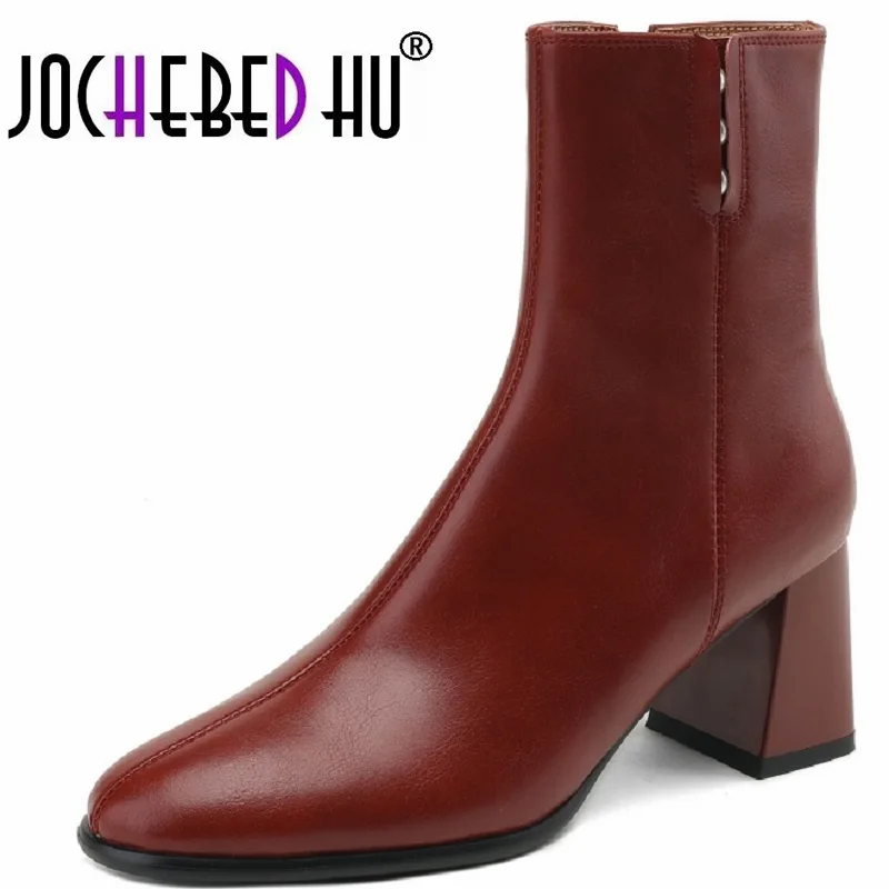 

【JOCHEBED HU】Mature Women Ankle Boots Concise Genuine Leather Square Toe Thick Heels Autumn Winter Shoes Woman Office Ladies