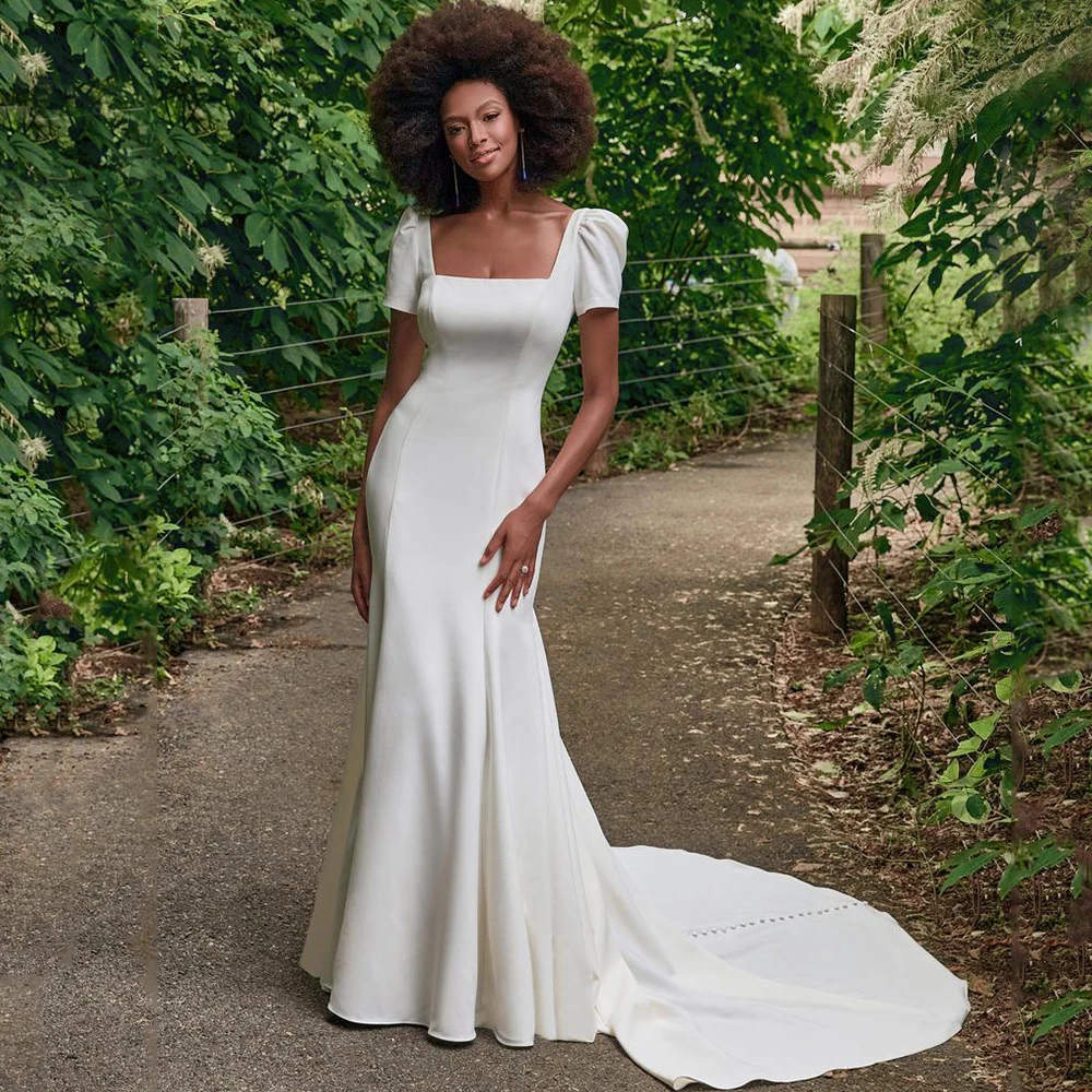 Vestido de casamento de manga curta simples, colarinho quadrado