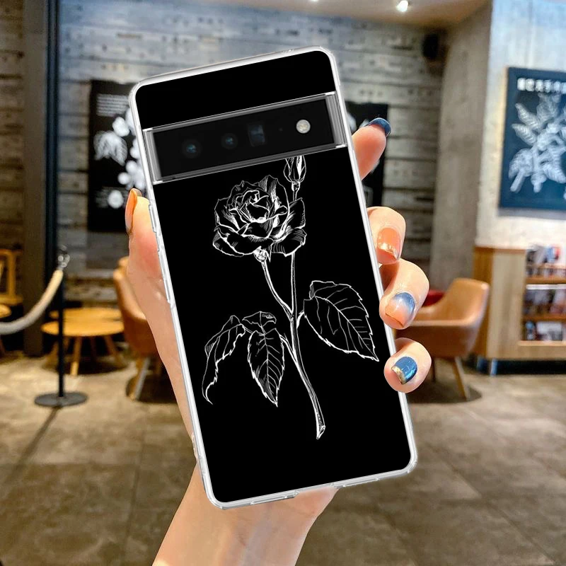 Elegant Black Flower Shockproof Silicone Phone Case – Transparent Protective Cover