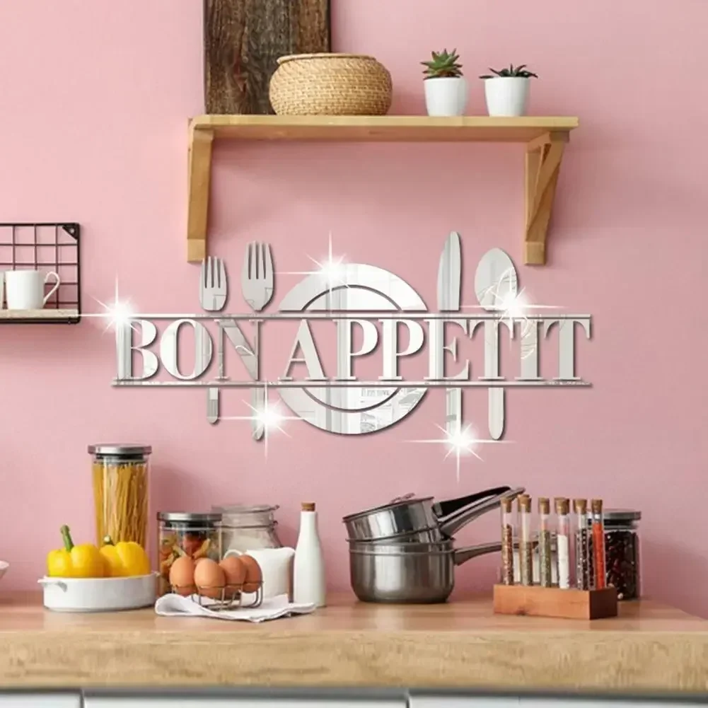 BON APPETIT Letter Plate Mirror Stickers 3D Acrylic Art Knife And Fork Kitchen Wall Stickers DIY Tea Room Home Decoration