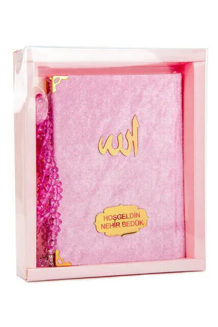 

Velvet Coated Yasin Book - Bag Size-Name Special Plate - Rosary - Boxed - Pink Color - Religious gift