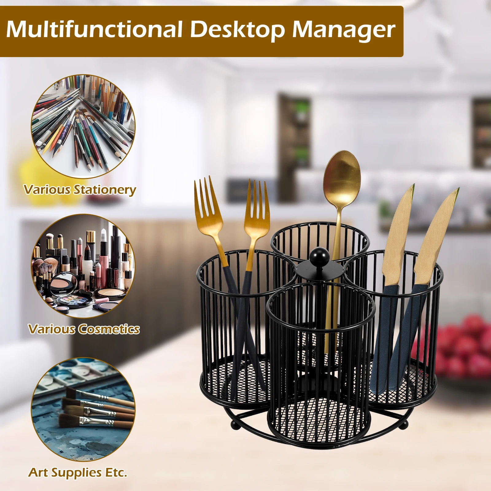 Metal Utensil Caddy Rotating Cutlery Holder