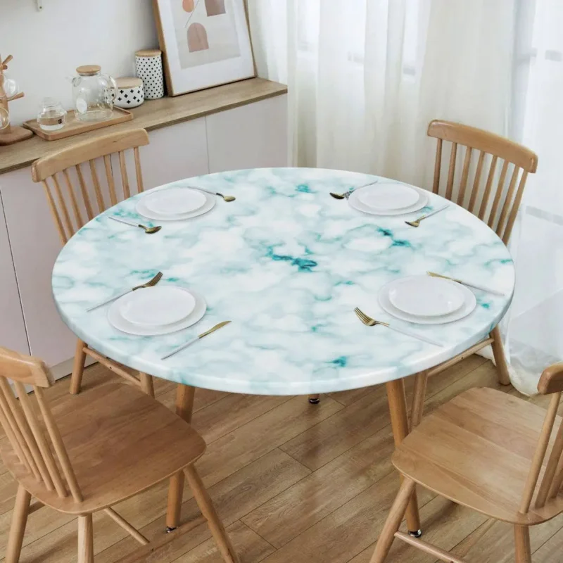 

Round Waterproof Oil-Proof Blue Texture Marble Tablecloth Backed Elastic Edge Cover 45"-50" Fit Chic Elegant Table Cloth