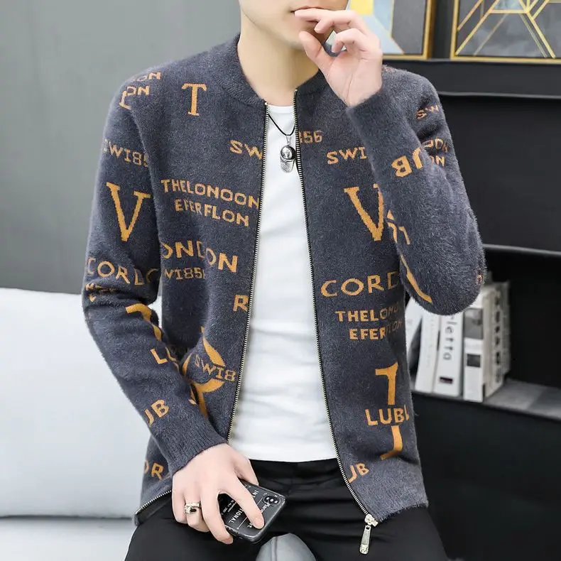 2023 Spring Autumn New Round Neck Long Sleeve Fashion Printing Knitting Cardigan Man High Street Loose Zipper All-match Coat