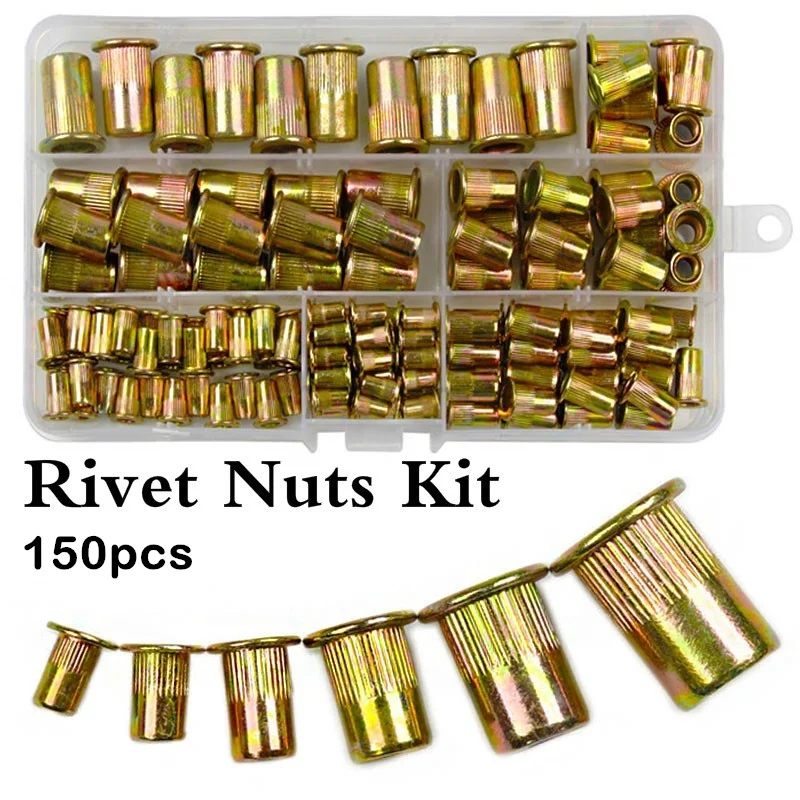 Rivet Gun Set Rivet Nuts Set 150Pcs Flat Head Riveter Nut Gun BT605 Blind Heavy Hand Inser Rivet Nut Set Tool Manual Riveter Hand Tools DIY M3/4/5/6/8/10