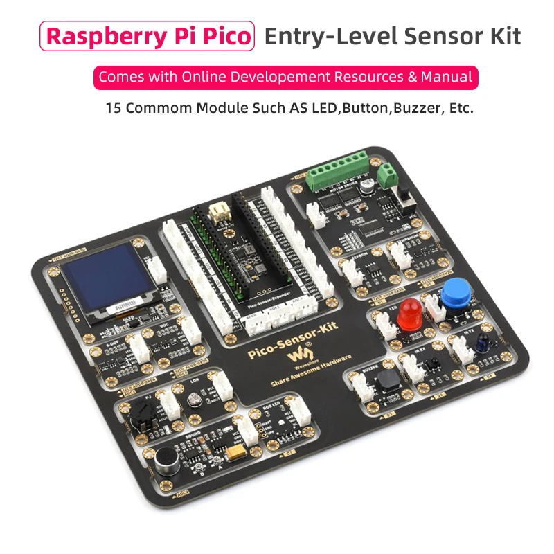 

Raspberry Pi Pico Entry-Level Sensor Kit Pico Expansion Board with15 Common Modules IR Remote All-in-one Design with Resources