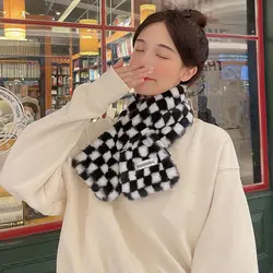 Female Faux Rabbit Fur Checkerboard Pattern Autumn Winter Scarf Korean Style Scarf Women Scarf Apparel Accessories