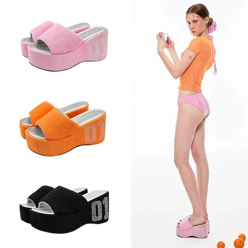 Sandalias de mujer tipo pantuflas con tacón de plataforma y suela gruesa, diseño de diamante y tacón inclinado, de moda