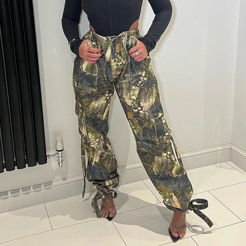 

High Waisted Tie Dye Female Cargo Pants Tie Feet Loose Pockets Straight Cylinder 2023 New Summer Women Versatile Trousers