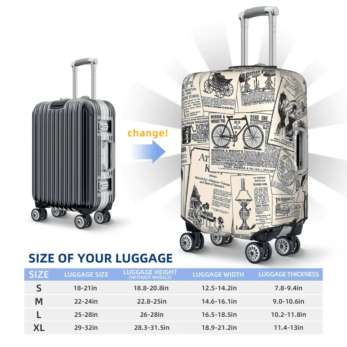 Vintage Newspaper Suitcase Cover Letter Print Flight Business Elastic Luggage Accesories Protection 5