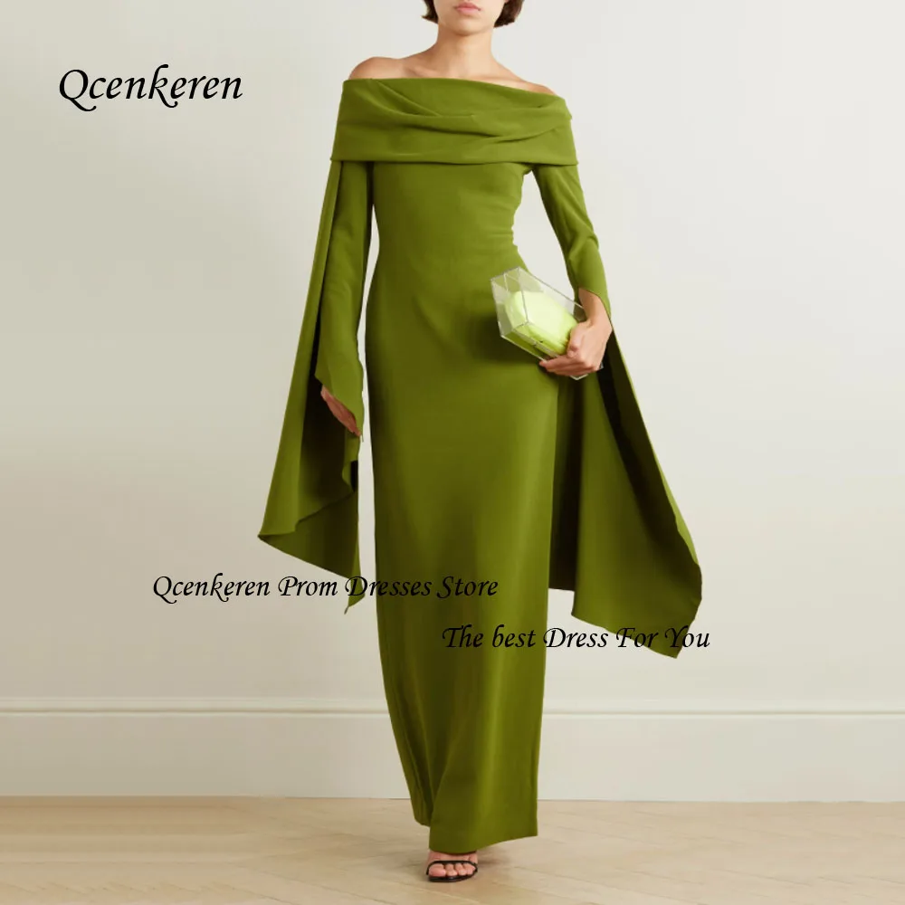 

Qcenkern Green Off the Shoulder Prom Gown Crepe Mermaid Formal Evening Gown Ankle-Length Long Sleeve Party Dubai Gown