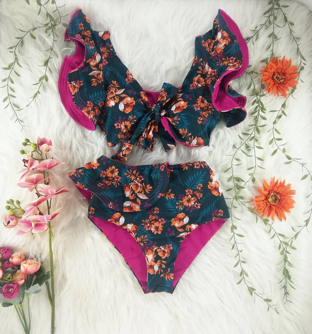 New Bikini Floral Ruffled Bikini Set Women V-neck High Waist Two Piece Swimsuit Girl Beach Bathing Suit Swimwear Biquinis