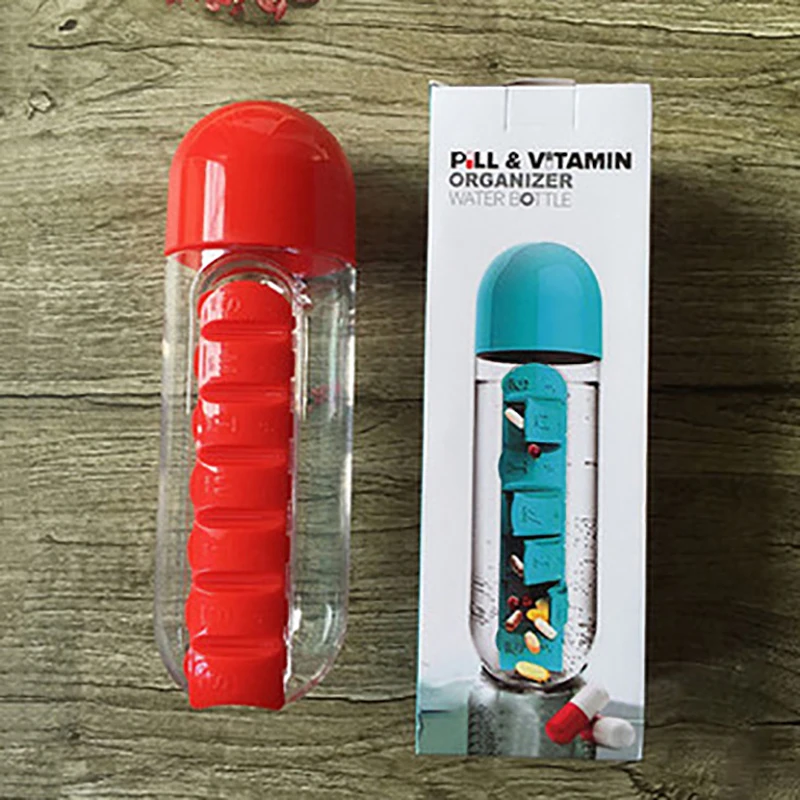 Portable Water Bottle With Built-in Pill Box For Medicines, Vitamins, Perfect For Outdoor, Gym, Fitness, Camping And Traveling