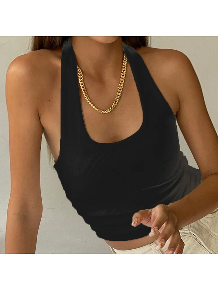 White Halter Sexy Backless Tank Tops for Women Streetwear 2024 Sleeveless Ribbed Knit Vest Top Cropped Feminino