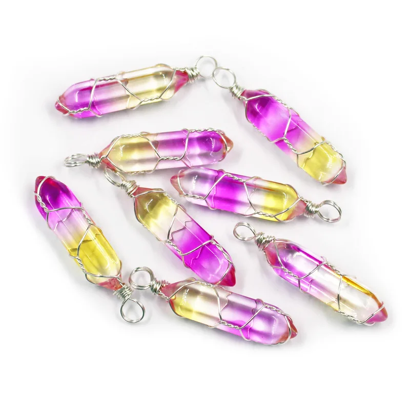 Wire Wrap Colour Grad Glass Crystal Bullet Hexagon Pendants Charms For Diy Earrings Necklace Jewelry Making