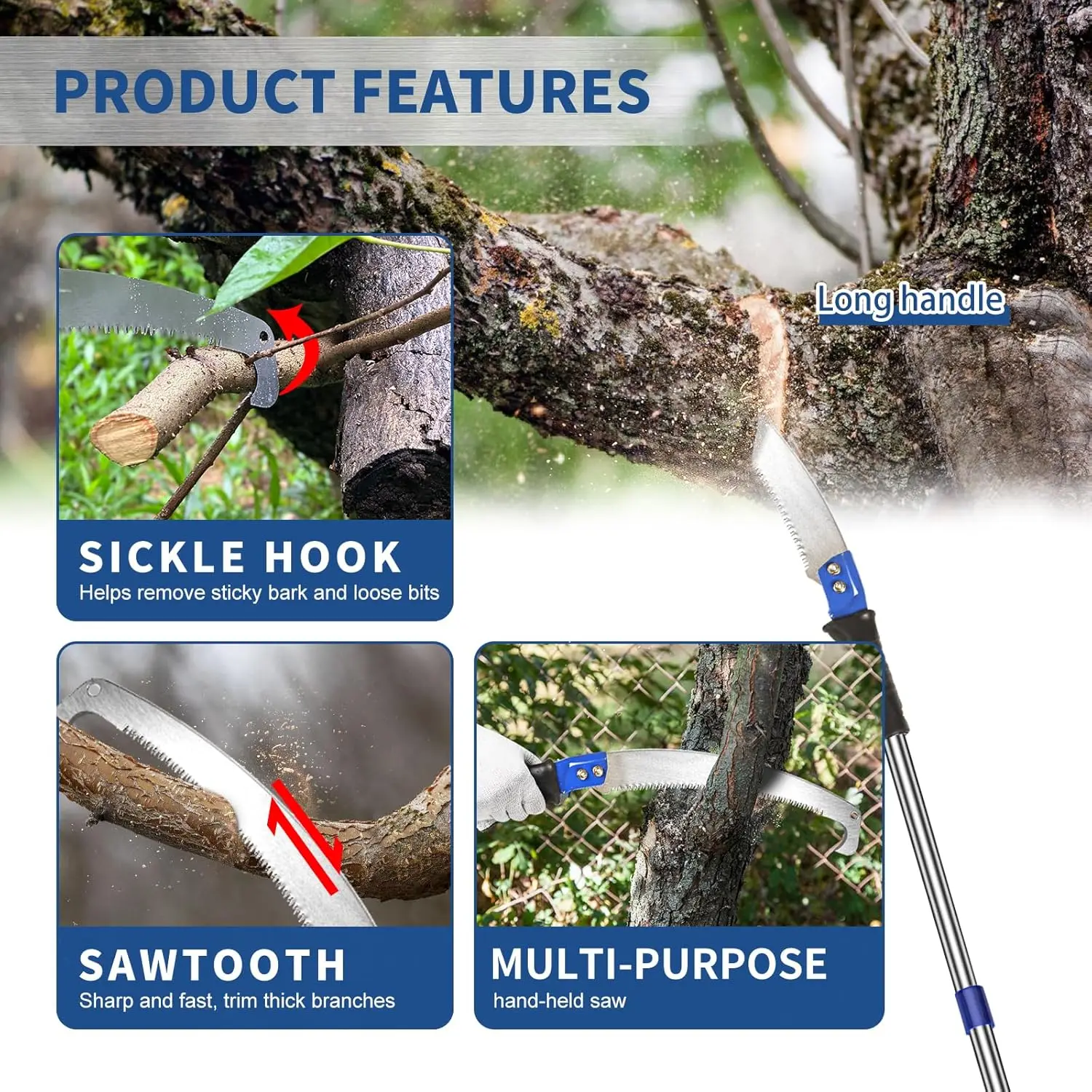 14 Feet Pole Saw Tree Trimming Pruning Saw High Reach Lightweight Manual Stainless Steel Extension Pole Cutter Long Branch