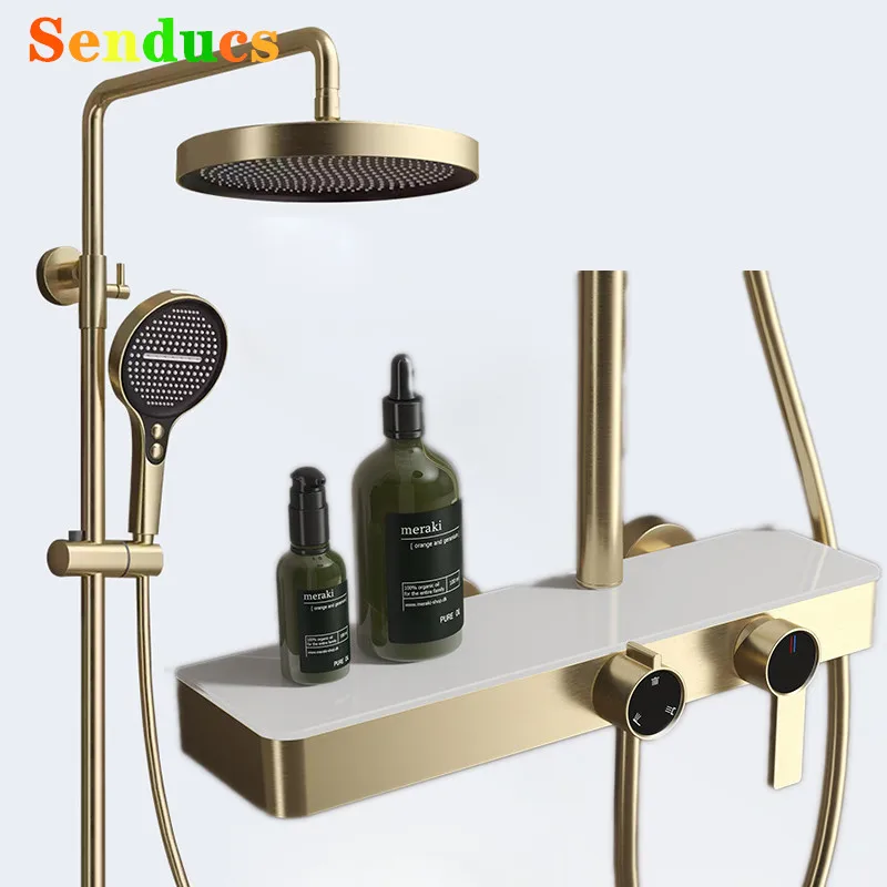Brushed Gold น้ําตกห้องน้ําระบบก๊อกน้ําติดผนังร้อนเย็นห้องน้ําชุดก๊อกน้ํา 10 นิ้ว Rain Shower Head 1