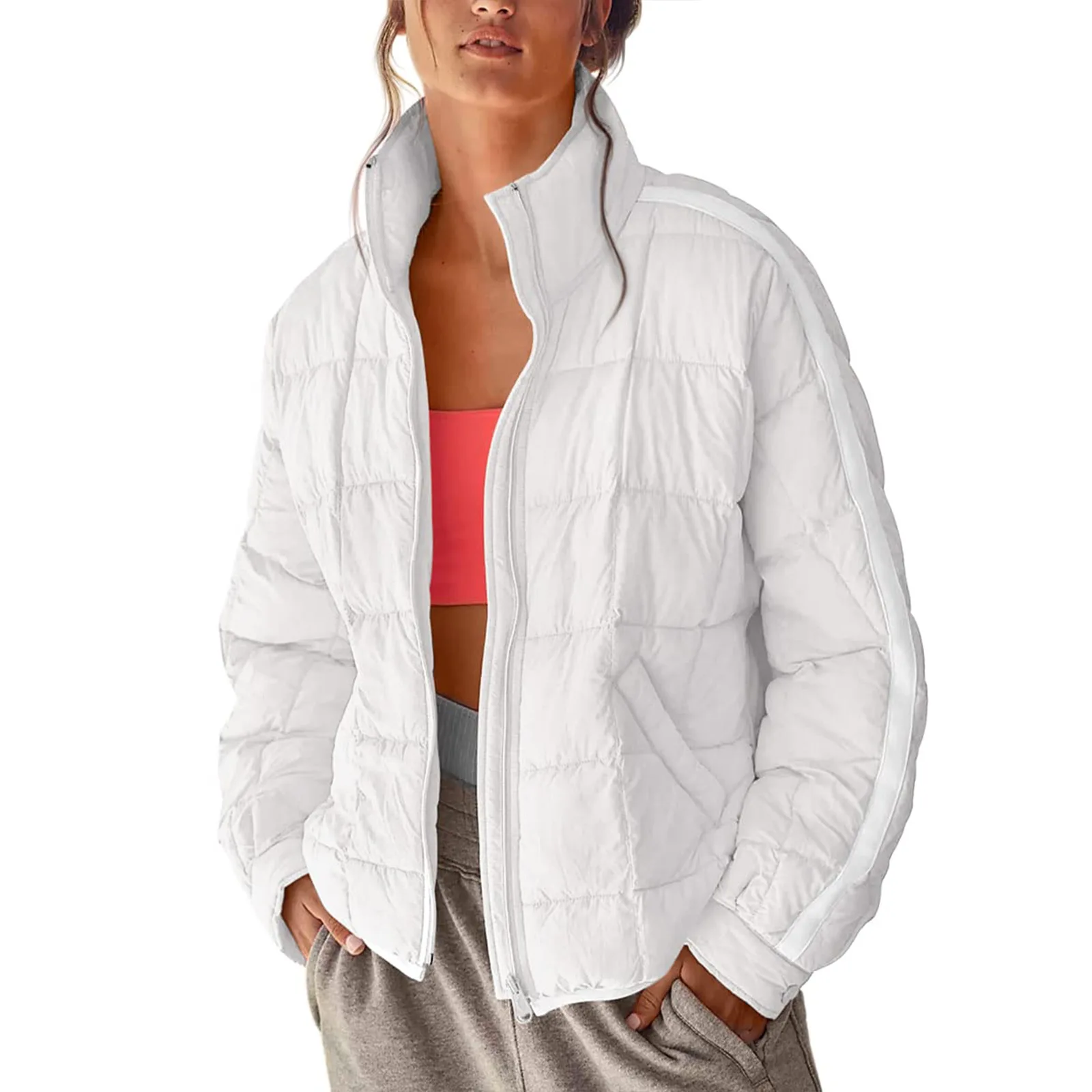 Autumn Winter New European American Women\'s Wear Solid Color Zipper Coat Casual Button Padded Jacket Pocket Top Women
