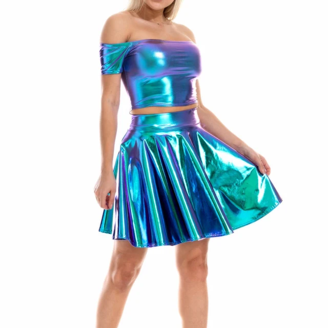 Shiny Laser Metallic Crop Tops and Pleated Mini Skirt 1