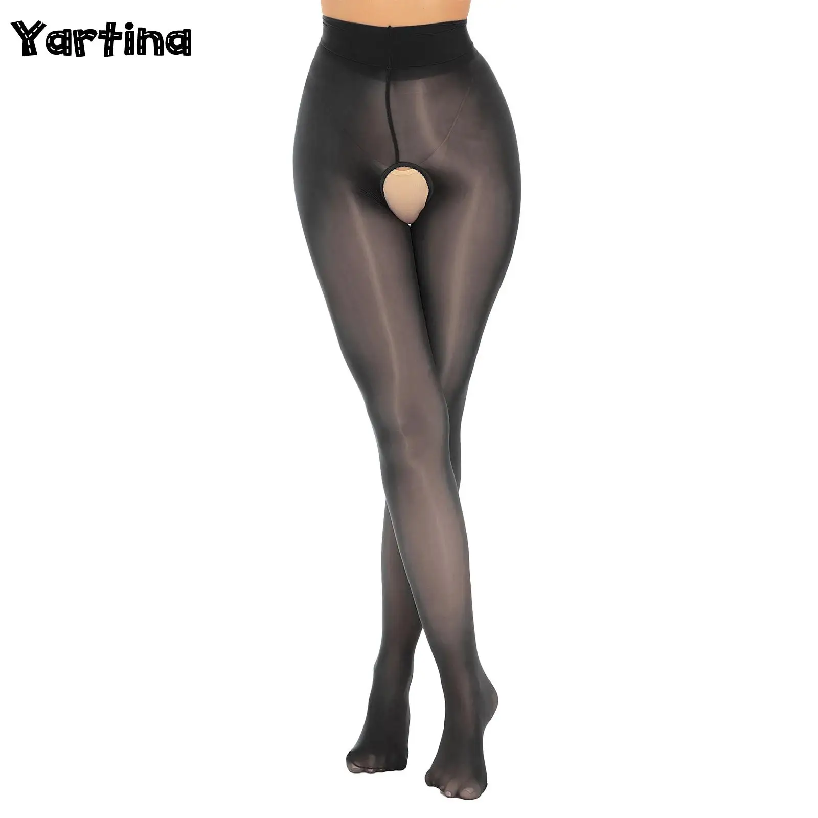 

Womens Lingerie See Through Crotchless Pantyhose Underwear Glossy Smooth Mid Waist Oil Silk Tights Lightweight Stretchy Leggings