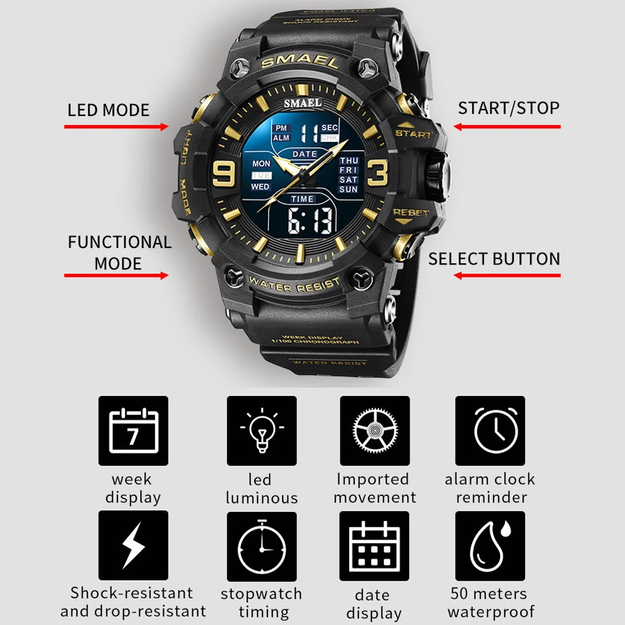 Orologio Digitale Sportivo Uomo - 7 Colori LED Impermeabile 50M - Con Allarmi, Cronometro E Conto Alla Rovescia - Foto 9