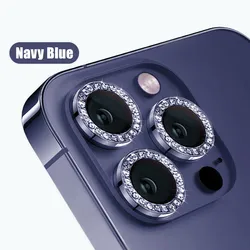 Sparkling Diamond Rhinestone Metal Ring Camera Lens Protector with Tempered Glass - Full Cover - iPhone 11 Pro Max (Navy Blue)