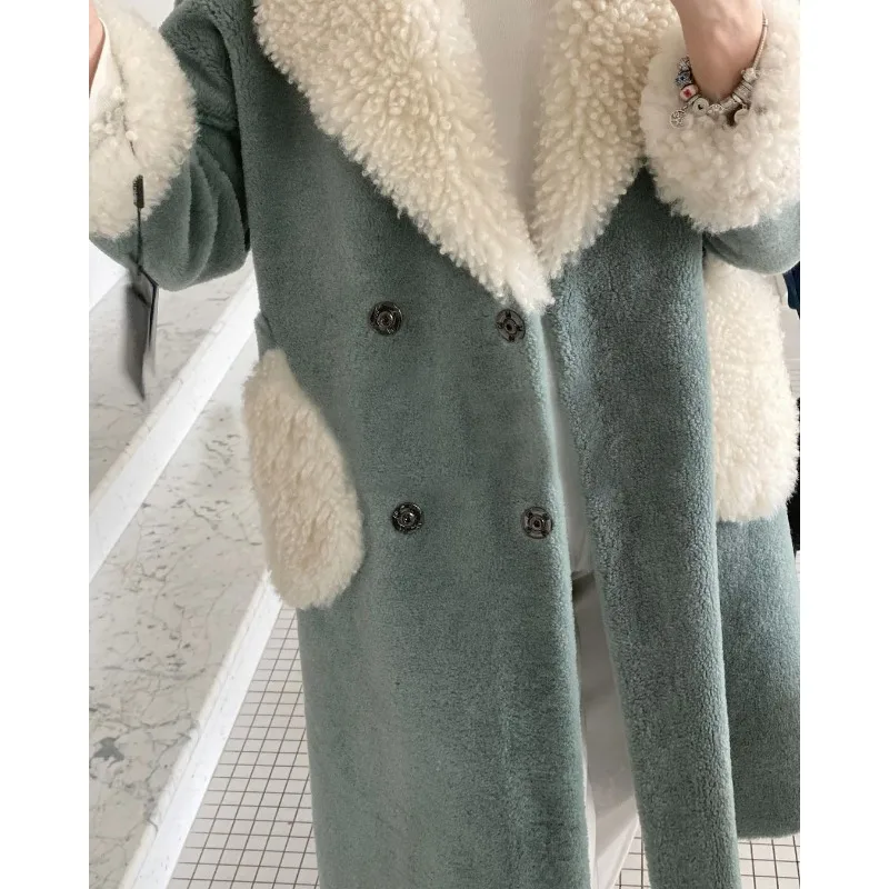 

Europe America Women's Clothing autumn and winter lamb wool long lapel pocket simple fashion warm coat faux fur long coat