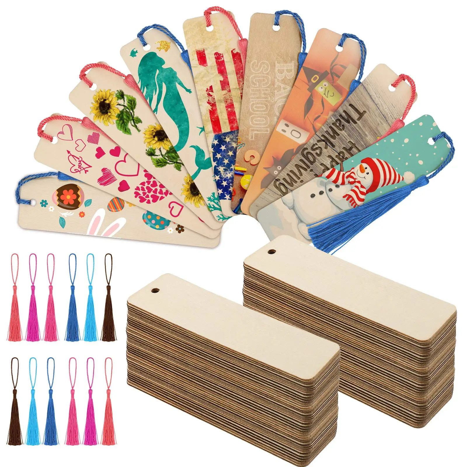 36PCS Wood Bookmark Bulk Blank Bookmarks with Tassels Wooden Book