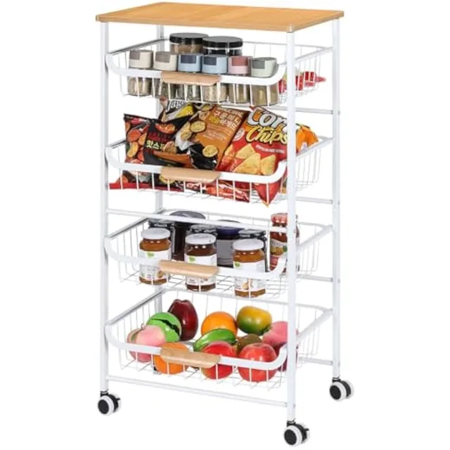 5-Tier Metal Rolling Cart with Wheels - Multi-Purpose Storage for Kitchen/Bathroom/Living Room/Office, White