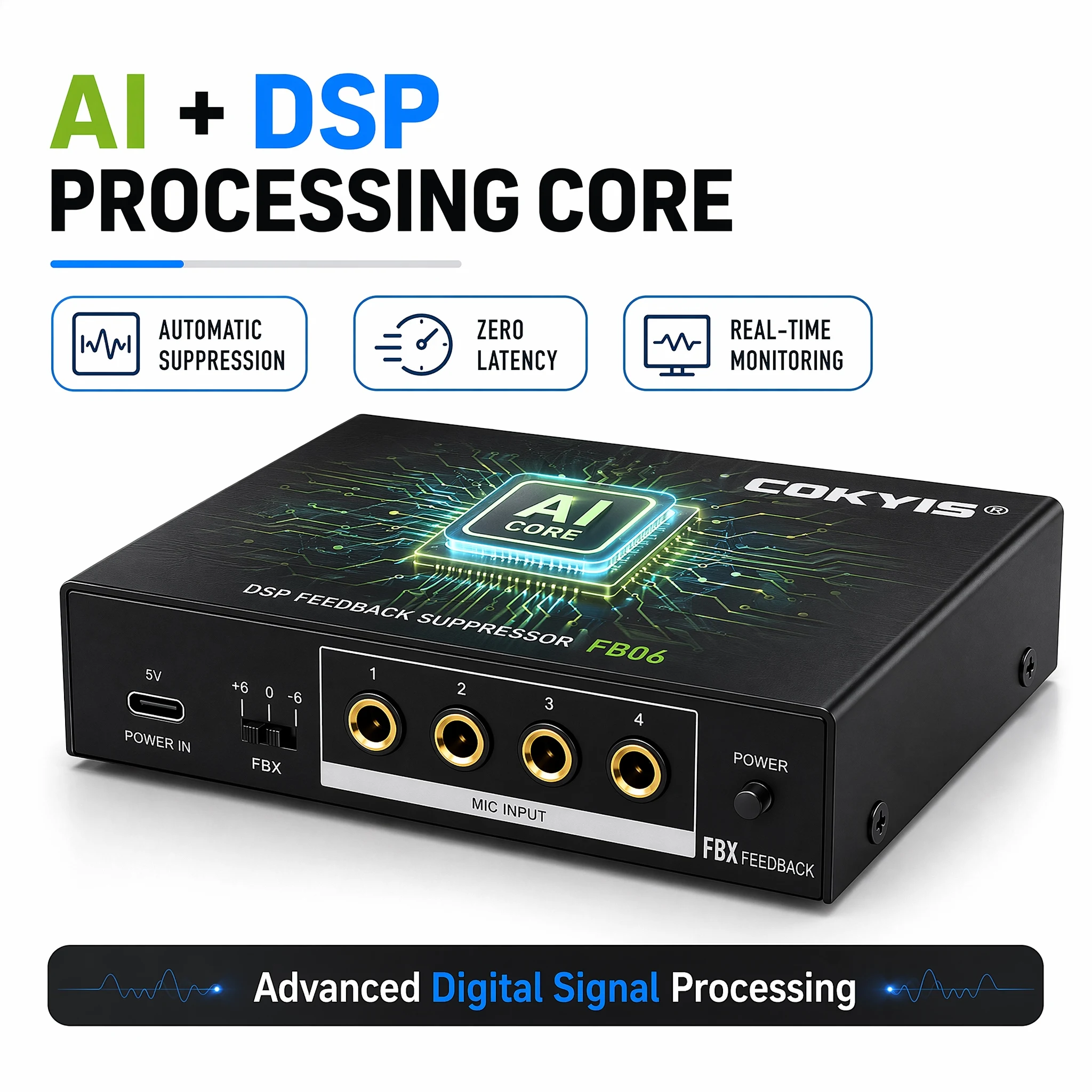 Mini Processore AI DSP Anti-Feedback per Microfono, 2 Ingressi, Controllo Guadagno a 3 Livelli, Eliminatore di Feedback Audio Ricaricabile FB06 - immagine 2