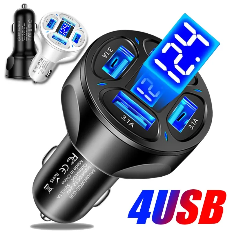 

4USB Car Charger 12-24V Fast Charging Car Phone Charger Adapter 3.1A Digital Display Car Charger for IPhone 14 13 Xiaomi Samsung
