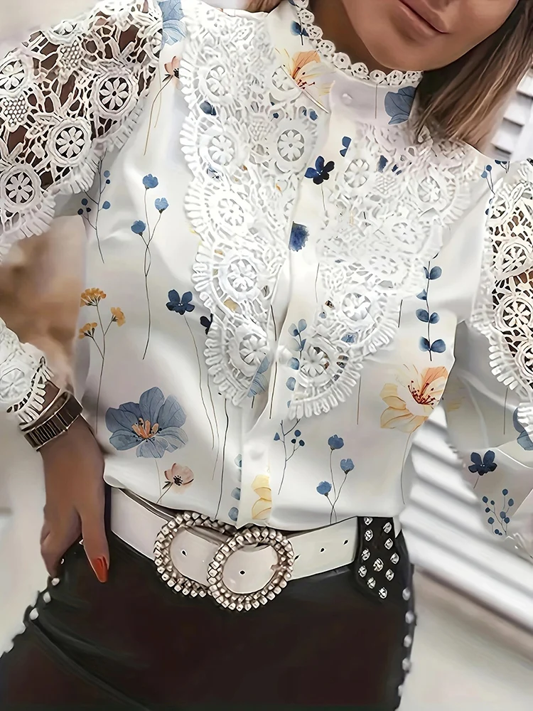 Shirts Elegant Office Ladies White Collared Lace Patchwork Hollow Out Button Up Womens Tops And Blouses 2024 Fashion New Blouse