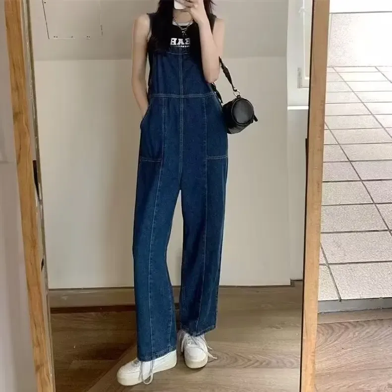 Denimbib Pants Women's Loose-fit Long Pants 2023 New Design Sensibility Niche Age-reducing Wide-leg Jumpsuit Trendy