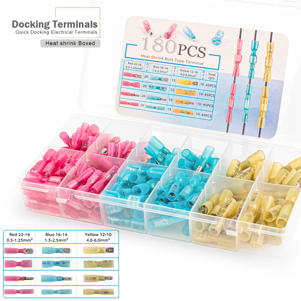 

180PCS Boxed Waterproof Wire Connector Seal Heat Shrink Female Male Crimp Terminals Kit Electrical Butt fast Disconnect Terminal