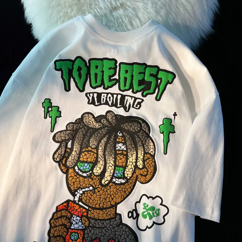 

100% cotton high street portrait cartoon short sleeve MEN'S T-shirt loose fashion hip-hop top