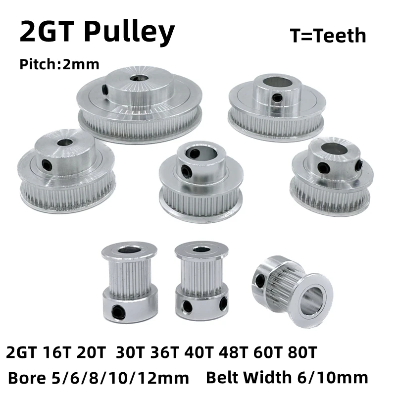 2GT Timing Pulley 16T 20T 30T 32T 36T 40T 48T 60T 80Teeth Bore 5/6/8/10/12mm Belt Width 6/10mm 3D Printer GT2 Timing Belt Pulley 1