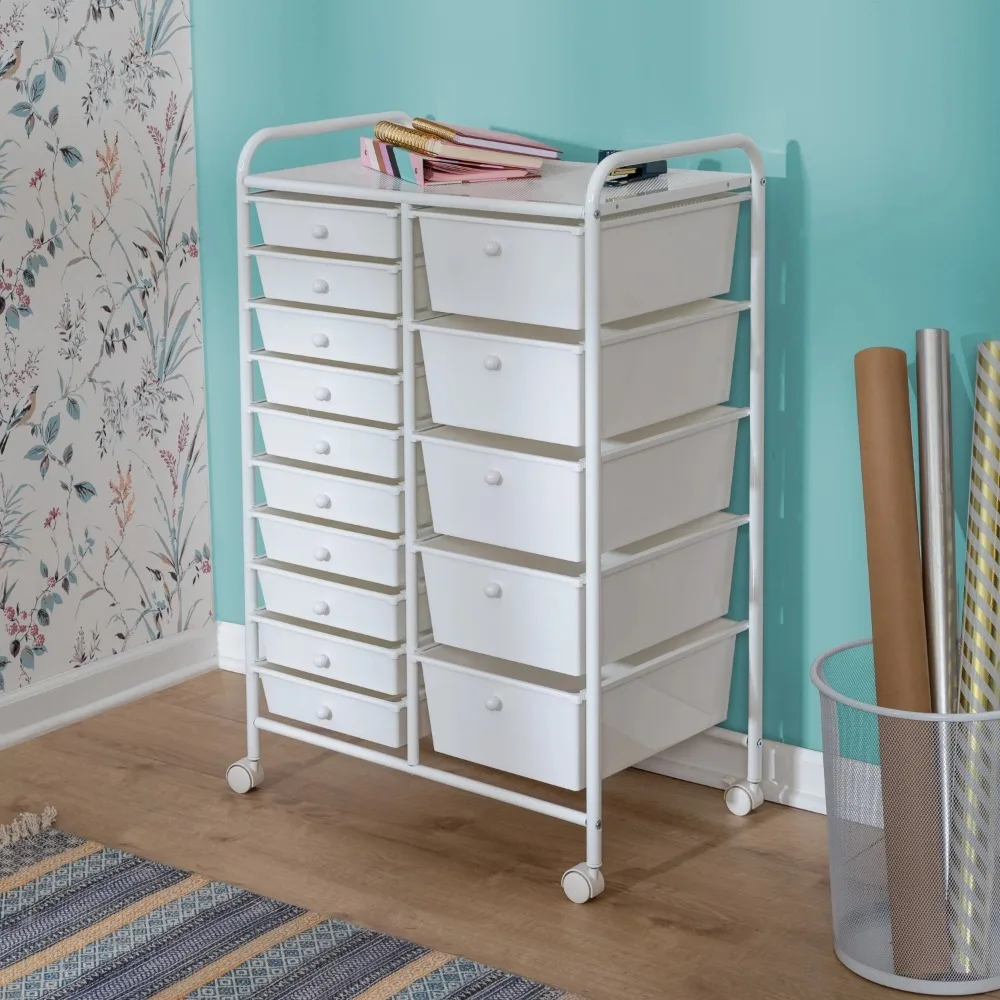

Plastic 15-Drawer Steel Rolling Storage Cart with 1 Shelf, White