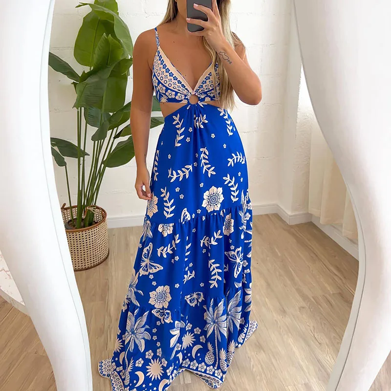 

Women Elegant V-neck Sleeveless Long Dress Summer Fashion Floral Print Hollow Out Bohe Dress Spring Casual Suspender Beach Dress