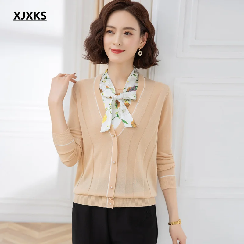 

XJXKS 2022 Spring Autumn New Loose Plus Size Fashion Bow Neck Women Thin Sweater Comfortable Fake Two-piece Top